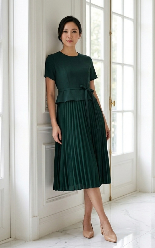 Akami Pleated Peplum Dress - Forest Green