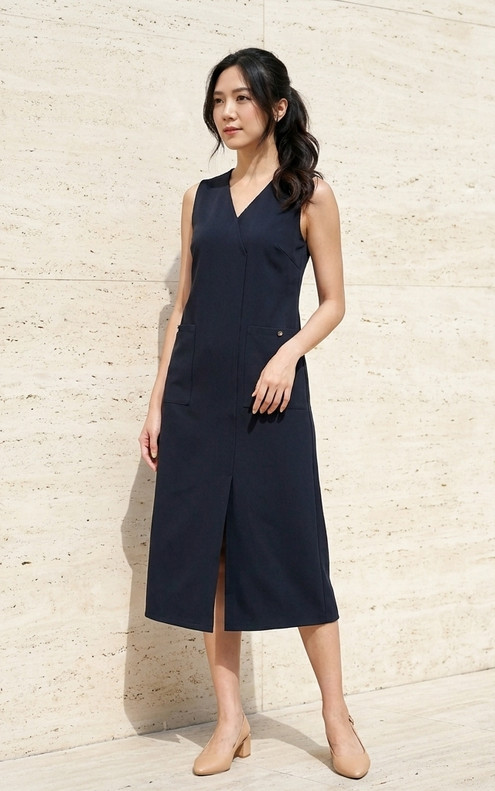Penelope V-Neck Midi Dress - Midnight Blue