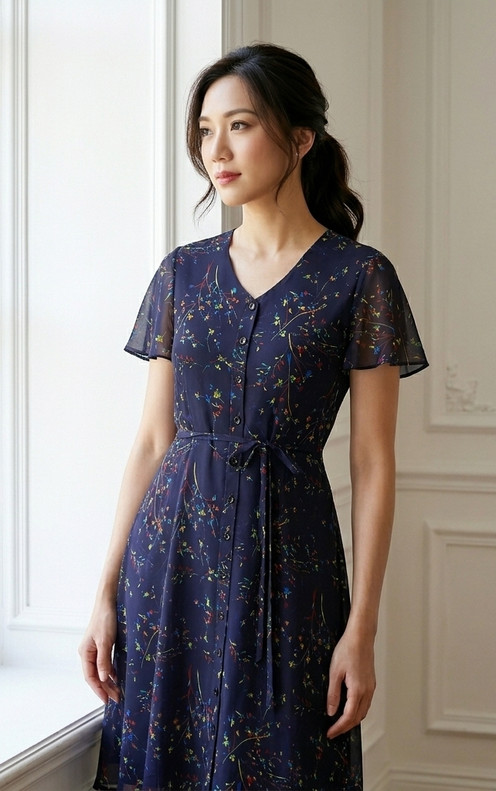 Hayley Flutter Sleeves Dress - Indigo
