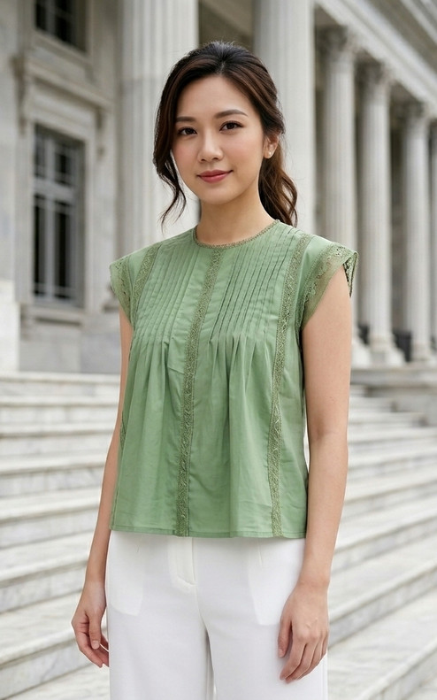 Delilah Lace Trim Top - Sage