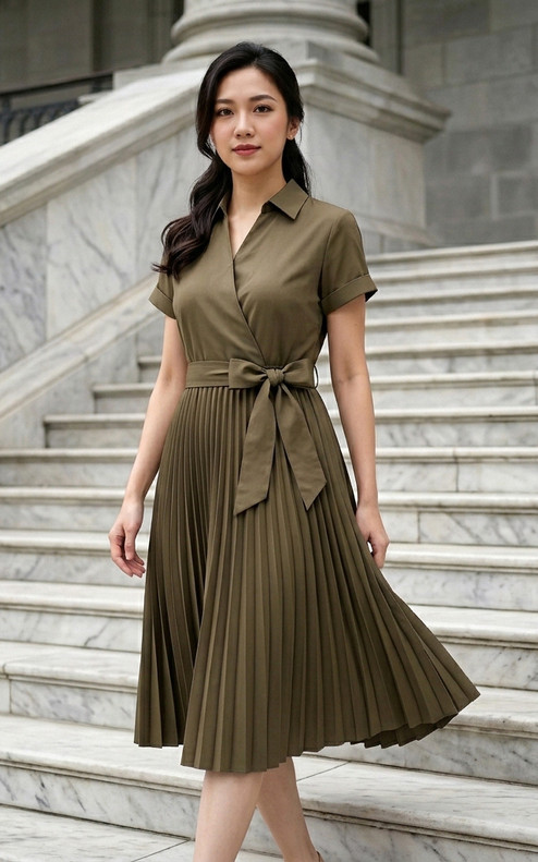 Abby Collar Pleated Dress - Olive
