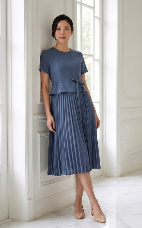 Akami Pleated Peplum Dress - Slate Blue