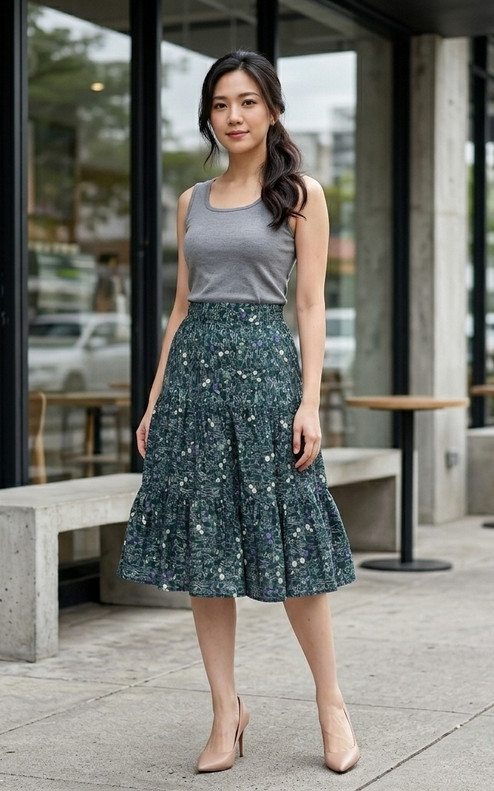 Lovie Floral Tiered Skirt - Forest Green
