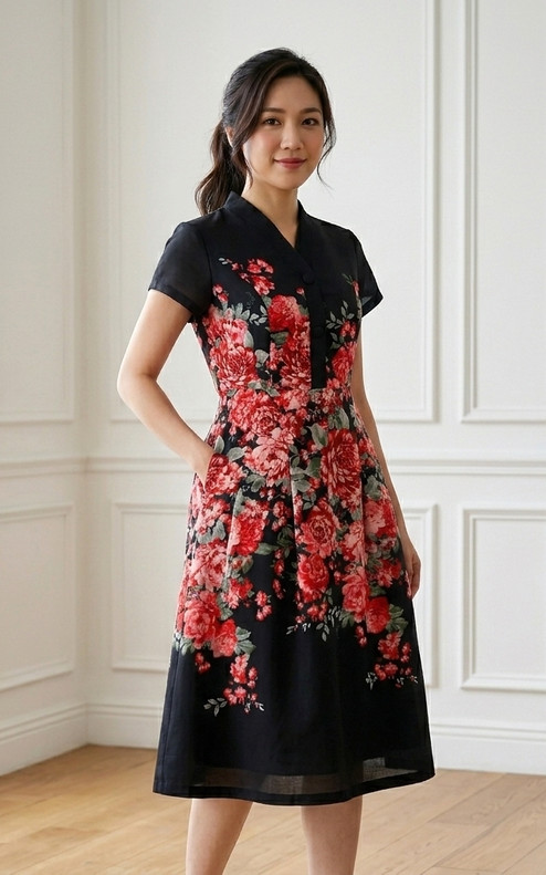 Bloom Placement Linen Dress - Black
