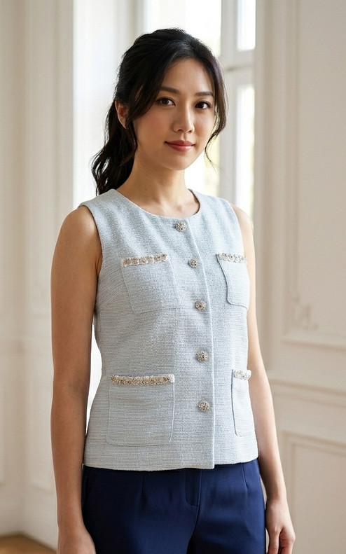 Remmi Pocket Tweed Top - Blue