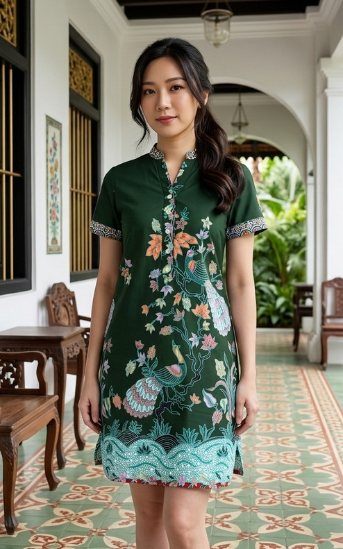 Arabella Batik Shift Dress - Forest Green