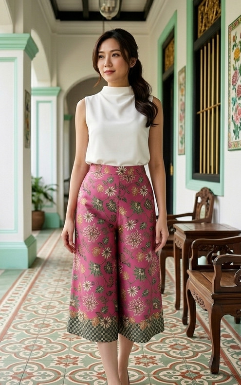 Mulberrie Batik Silky Culottes - Pink Floral/Ferns
