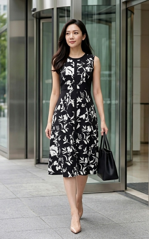 Kerria Printed Work Dress - Monochrome