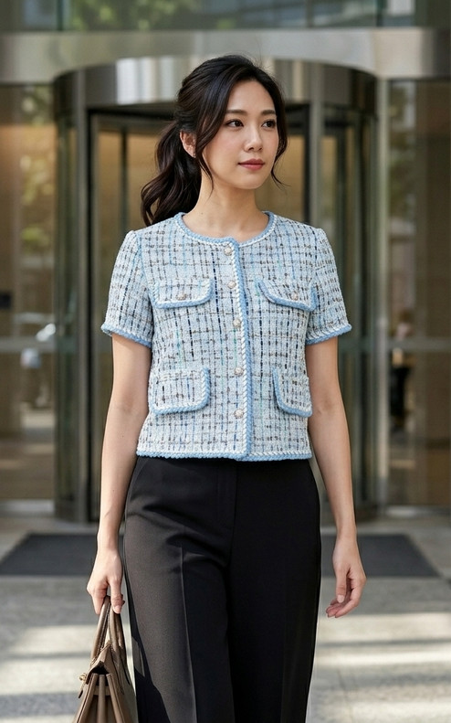 Junia Short Sleeve Tweed Jacket - Blue