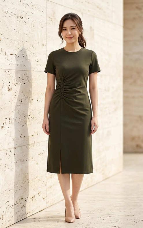 Nico Side Ruched Tee Dress - Army Green