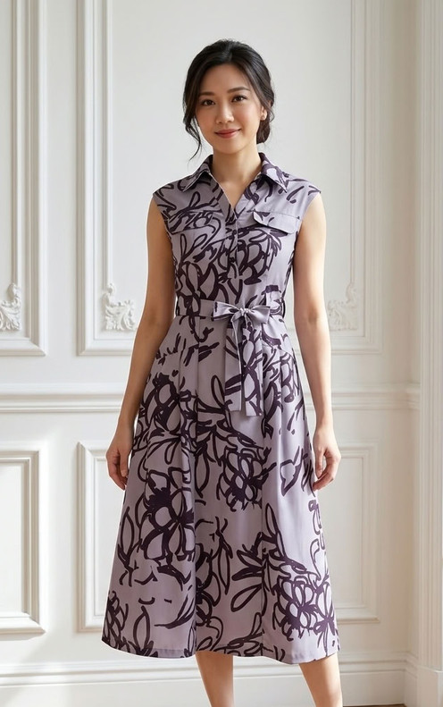 Amalia Abstract Print Midi Dress - Lilac Grey
