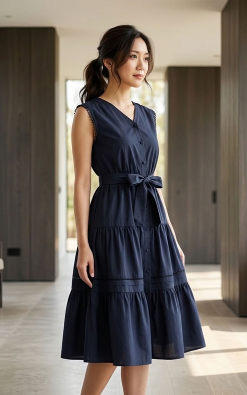 Vella Eyelet Trim Tiered Dress - Navy