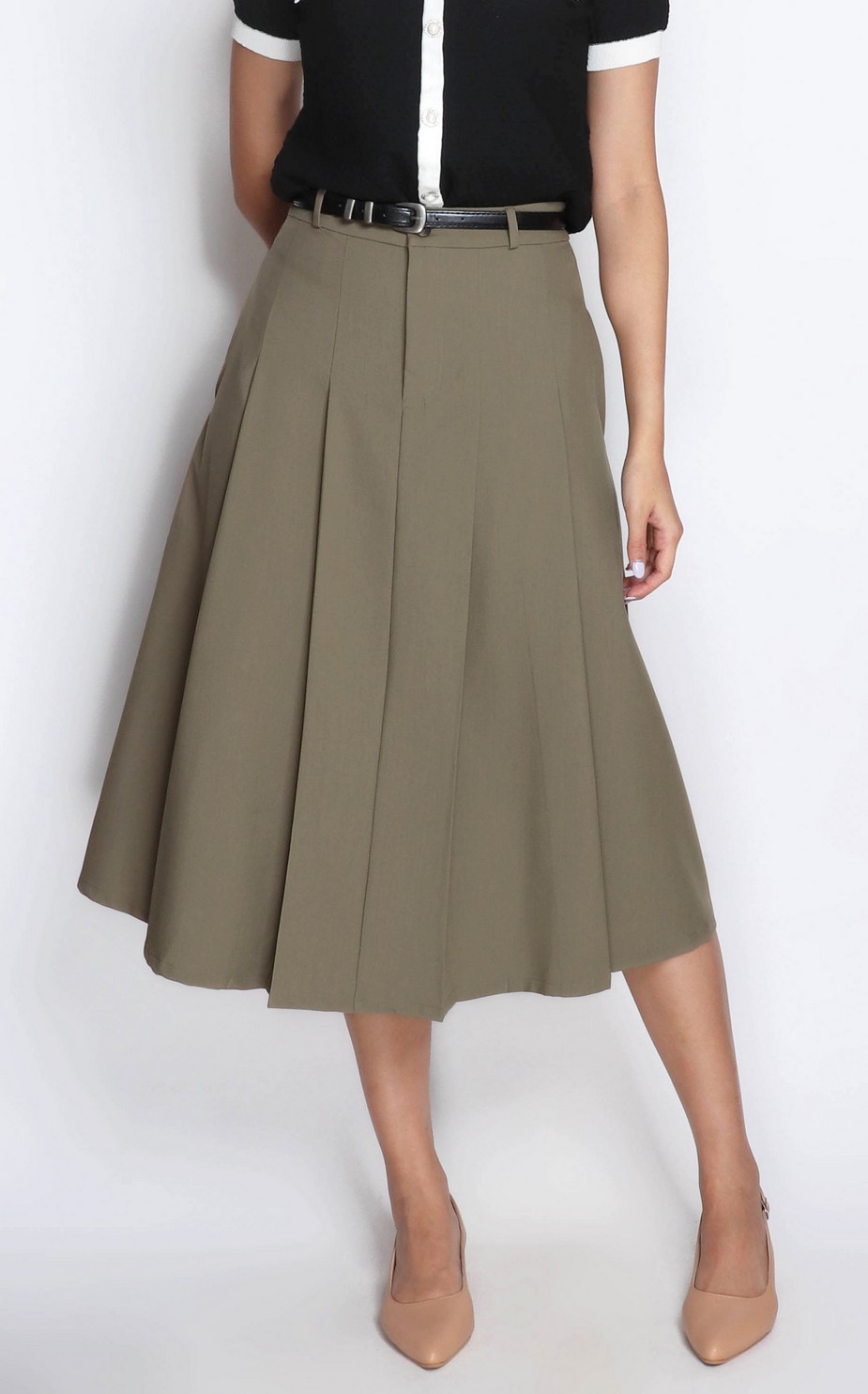 Box Pleated Skirt – Olive | Online Ladies Office Wear