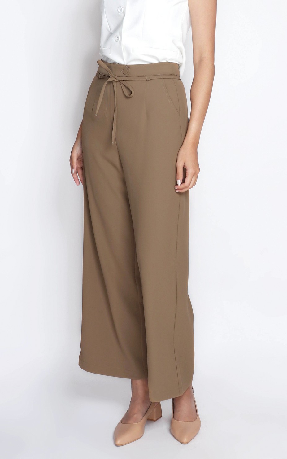 Ribbon Tie Long Pants - Camel | Women's Workwear Online