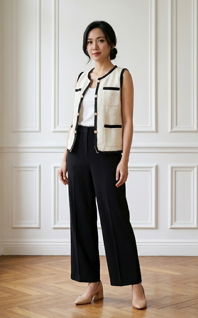 Contrast Trim Tweed Vest Jacket - Milky White | Women's Workwear