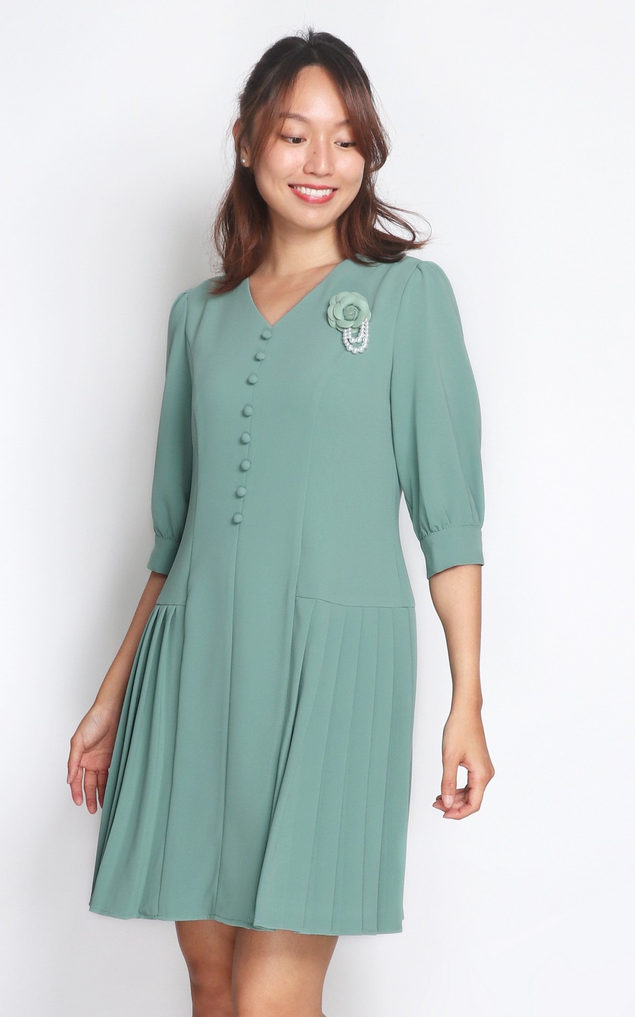 V-Neck Side Pleats Dress - Sage | OL Office Lady Fashion Singapore