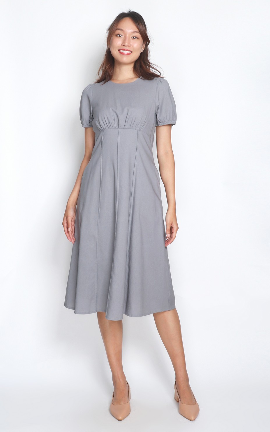 Mia Empire Waist Linen Dress - Grey | Singapore Ladies Work Wear Mia Empire Waist Linen Dress - Grey | Singapore Ladies Work Wear