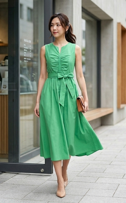 green office dress Ruched Linen - | Wear, Work Dress, Workwear 10% OFF