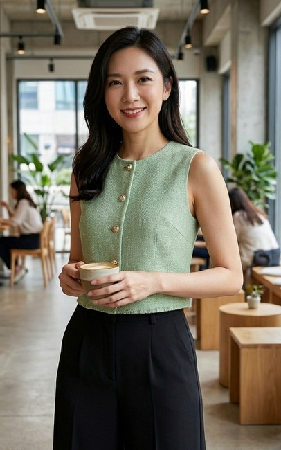 トップス GREED Kasuri classic Tweed vest Cropped Tweed Vest Top - Green | Smart Casual Workwear Singapore