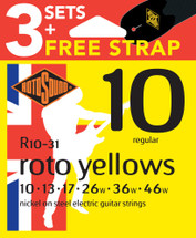 R10 Nickel Plated Electric Guitar Strings x3 Sets & FREE Strap Gauge 10-46