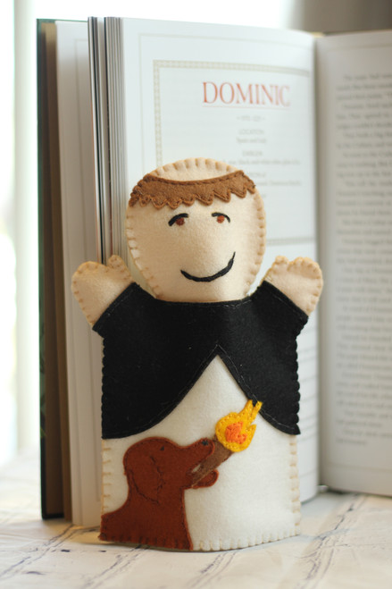 St. Dominic felt hand puppet with book.