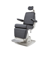 Reliance 6200H ENT exam chair, shown in an upright position with gray smooth vinyl upholstery, square adjustable headrest, flat padded armrests, and rectangular base.