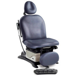 Blue Midmark 630 procedure chair refurbished with foot control on wood-patterned floor.