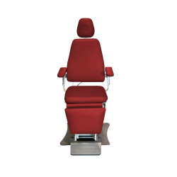 Front view of a red MTI-424 tri-power exam chair with adjustable headrest, armrests, and footrest, mounted on a sturdy base designed for medical or clinical use.