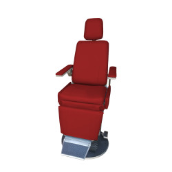 Red upholstered SMR Apex 2000 exam chair with adjustable headrest, wide padded backrest, flat armrests, and cushioned footrest, mounted on a circular metal base with integrated foot pedal for height adjustment.
