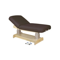 Oakworks PF250 Series exam table with dark brown upholstery, wood finish base, and electric height control.
