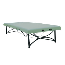 Light green Oakworks Storable Mat Physical Therapy Table with black aluminum frame, adjustable height, folding design, and dual face cradle ports. Light green Oakworks Storable Mat Physical Therapy Table with black aluminum frame, adjustable height, folding design, and dual face cradle ports.