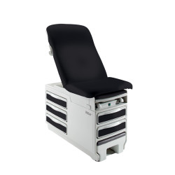 Midmark Ritter 204 manual exam table in white with black upholstery and matching black drawer panels.