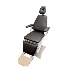 MTI 423 Power ENT Chair with black padded upholstery, articulating headrest, adjustable armrests, and foot section extended on a white and beige base.