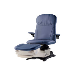 Blue Midmark 647 podiatry chair with adjustable armrests on white background.
