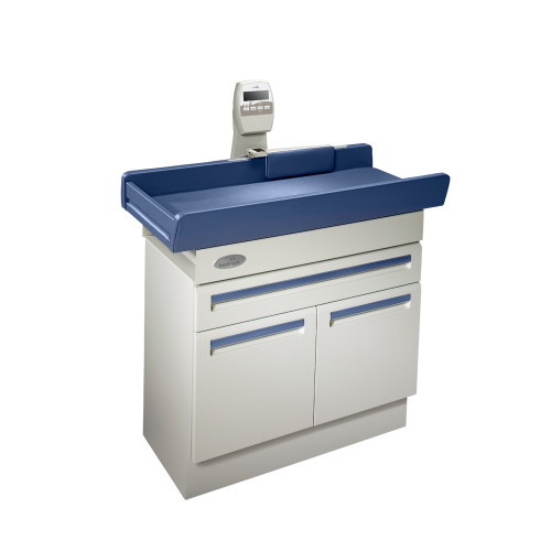 Midmark 640 Pediatric Exam Table with integrated scale and blue upholstered top, featuring a cream-colored base with storage drawers and cabinets.