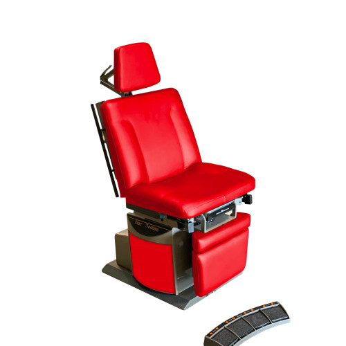 Midmark Ritter 75E Evolution Procedure Chair with bright red upholstery, gray base, and included foot control.
