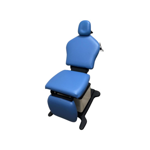 Midmark 419 power procedure table with contoured blue upholstery, adjustable headrest, and compact design.
