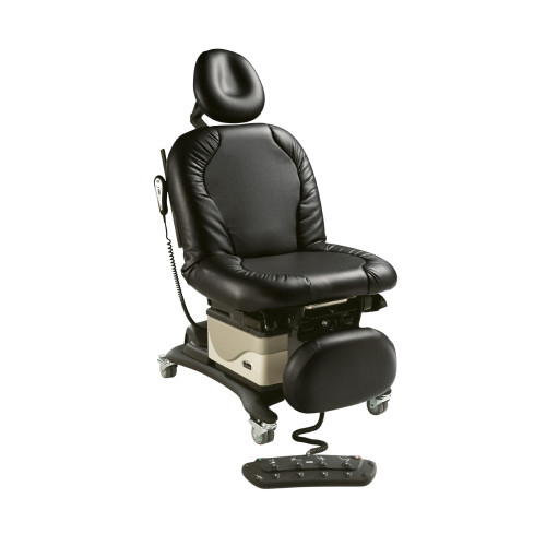 Midmark 630 Barrier-Free Universal Power Procedures Table in black upholstery with caster base and handheld control.