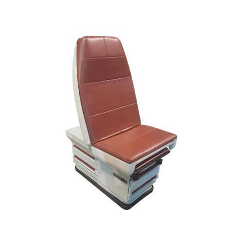 Brick red upholstered Midmark Ritter 405 power exam table, presented in upright seated position.
