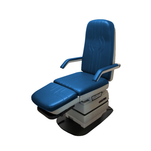 Midmark 417 podiatry chair with blue upholstered cushions and extended armrests.