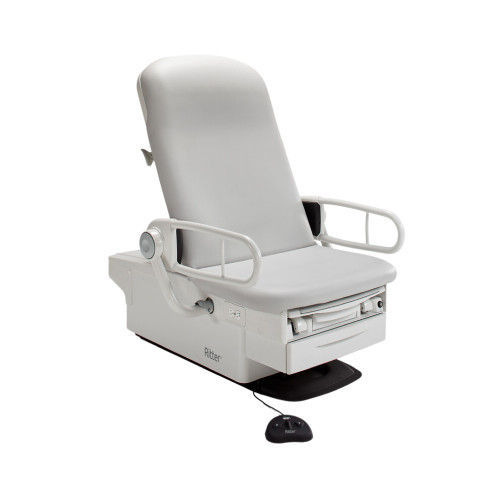 Midmark Ritter 224 exam table with light gray upholstery and side rails, shown with foot control on a white background.