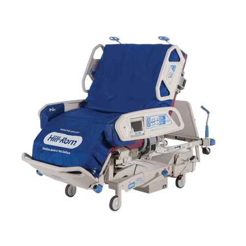Hill-Rom TotalCare P1840 in side view with a blue mattress.