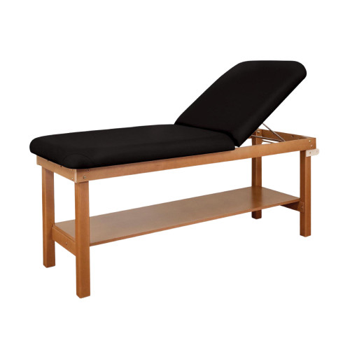 Oakworks Powerline treatment table with a black upholstered adjustable backrest and wooden frame, featuring a built-in storage shelf underneath.