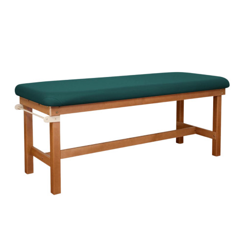 Flat-top wooden medical examination table with green upholstered cushion and light wood frame, featuring a paper roll holder on the side — ideal for physical therapy, chiropractic, or general medical exams.