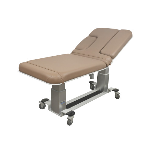 Oakworks Echocardiography Table with tan upholstery, open cardiac scanning cutout, and electric height-adjustable base on casters.