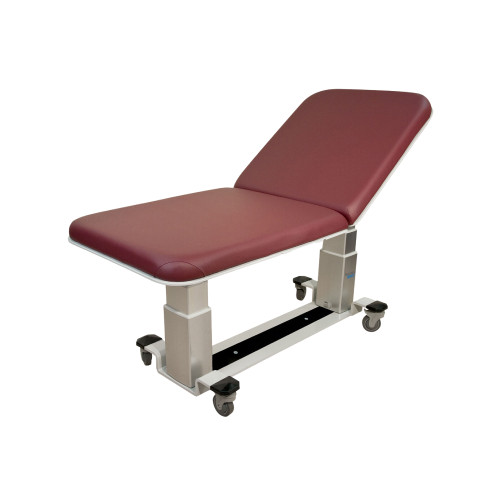 Oakworks General 2 Table with Fowler Ultrasound Table with fowler backrest and burgundy upholstered top on locking caster base.