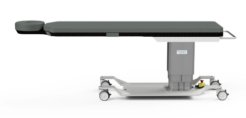 Side view of an Oakworks CFPM100 Imaging Table with padded surface, headrest, central column lift, and smooth-rolling casters for mobility and stability.