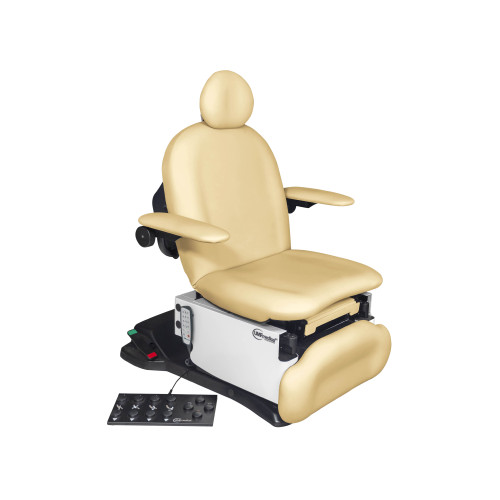 UMF Proglide Ultra procedure chair with beige upholstery, adjustable armrests and headrest, shown with foot and side control panels.