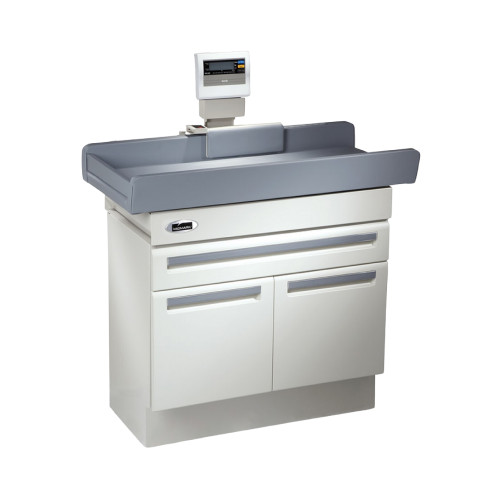 Midmark 640 pediatric exam table with light gray upholstered top and integrated digital scale, featuring a white base with matching gray drawer handles.