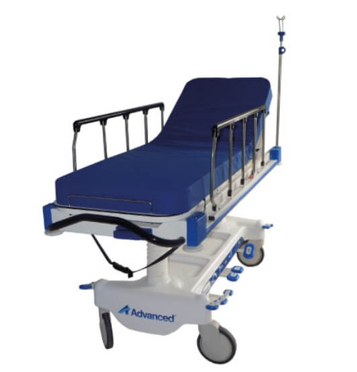 Refurbished Patient Stretcher ST-2000 in side view with a blue mattress.
